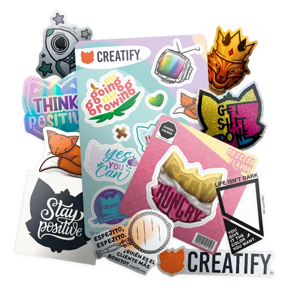 pack de muestras de materiales creatify.mx con stickers de diferentes tipos de vinil
