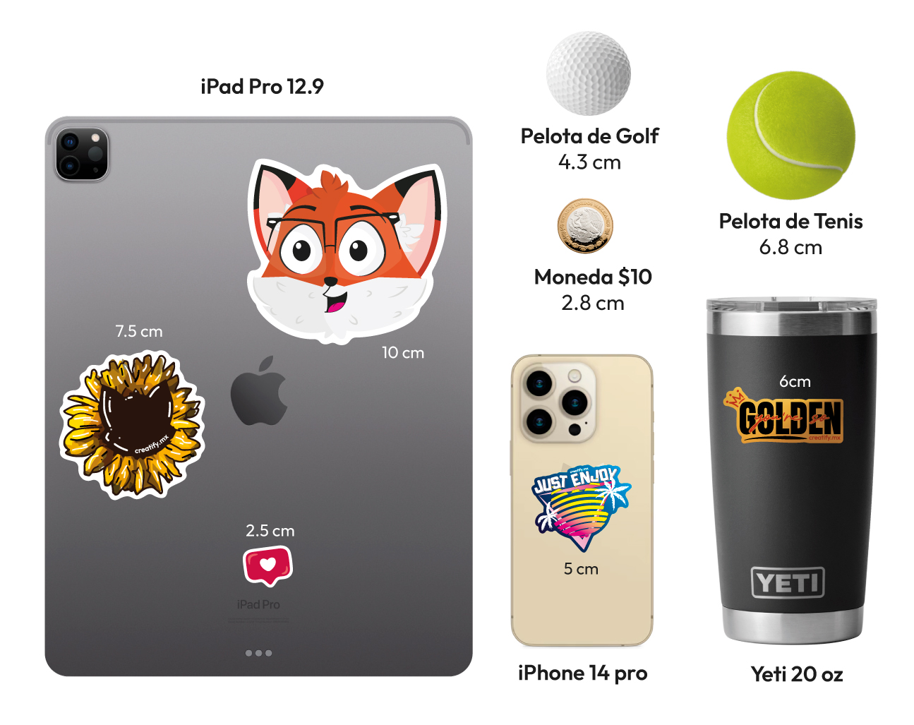 Referencia de tamaños de stickers sobre iphone, ipad y yeti