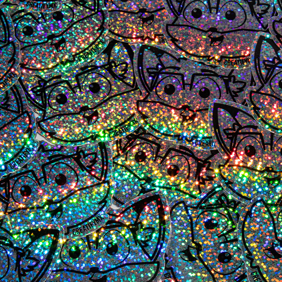 Calcomanias en vinil holografico glitter de mascota de creatify